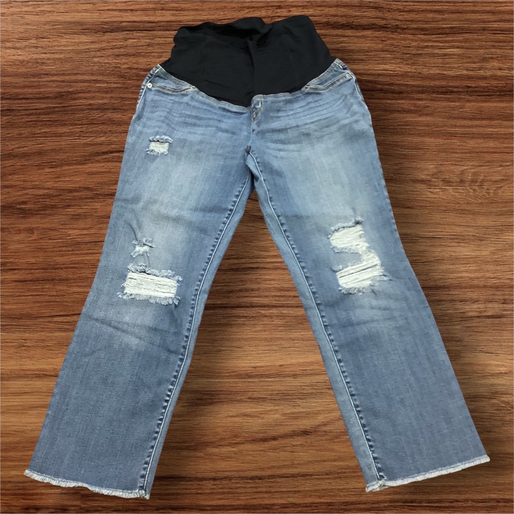 Isabel Maternity Straight Crop Jeans Blue Distressed Raw Hem Size 6